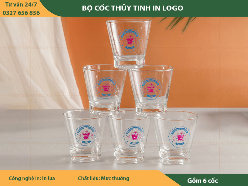 In logo cốc thủy tinh dáng thấp