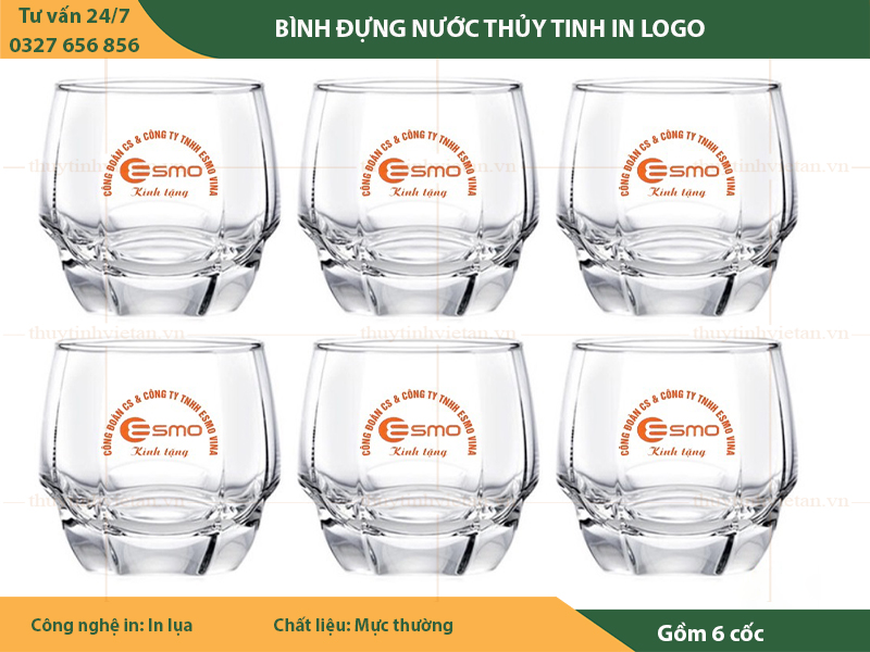 In logo cốc thủy tinh dáng thấp
