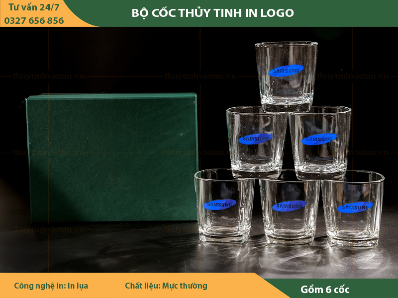 In logo cốc thủy tinh dáng thấp