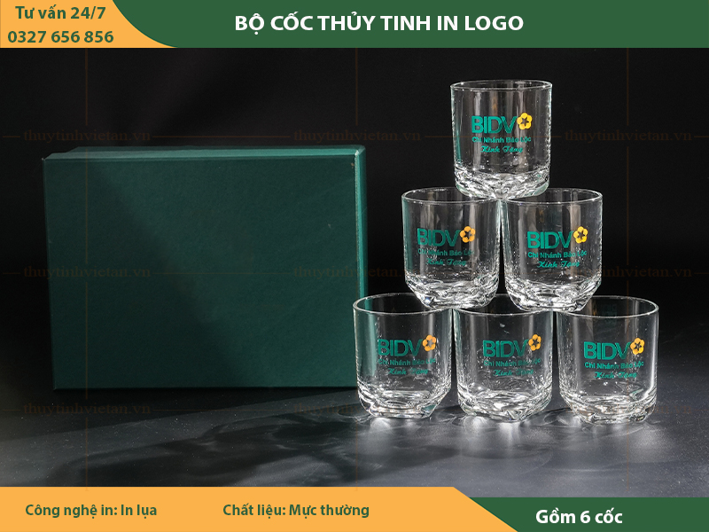 In logo cốc thủy tinh dáng thấp