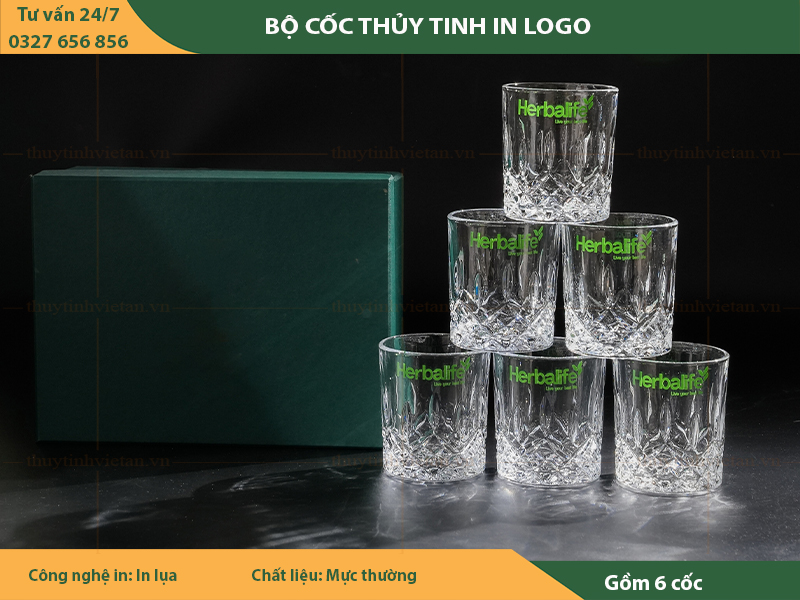 In logo cốc thủy tinh dáng thấp